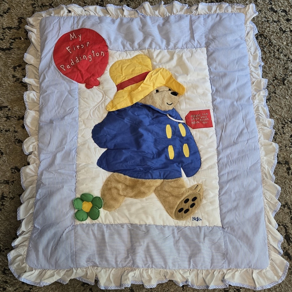 VTG 1991 NoJo Eden My First Paddington Bear Baby Quilt Blanket Blue Stripe 40x48
